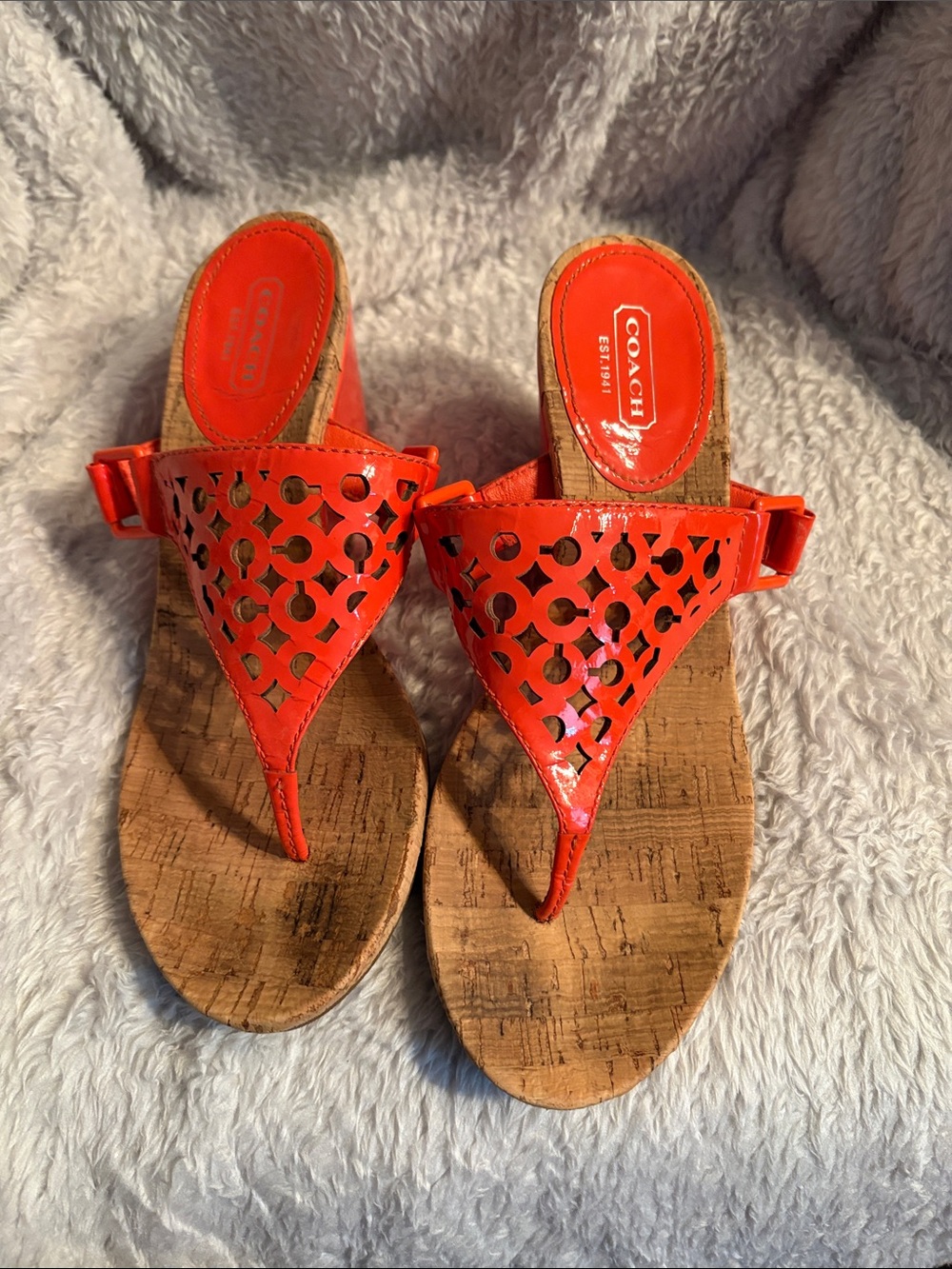 COACH Orange Patent Leather Laser-Cut Cork Wedge Thong Sandals